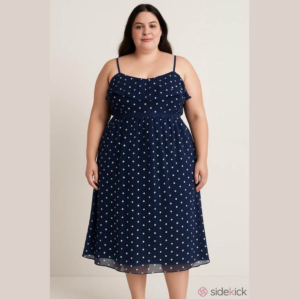 INC 100% Silk Chiffon Navy & Tan Polka Dot Midi Dress, size 14